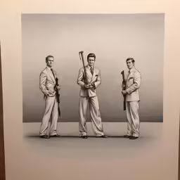 three men with guns stand together in the street