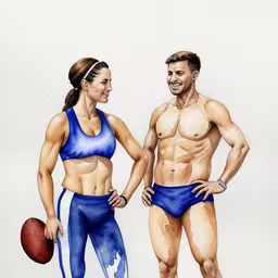 this drawing of a man and woman, each wearing matching blue swimsuits, is by another artist,a couple that are standing in front of a painting,a couple of people wearing blue bodysuits and holding a ball,a drawing of a man and woman holding hands with the ball by himself,a drawing of a man and a woman holding footballs
