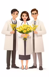 a man and woman in white lab coats with flowers