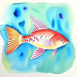 the painting is colored red and white fish,painting of fish with different colors and sizes