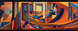 the painting has orange and blue colors,a picture of an art piece that is very interesting