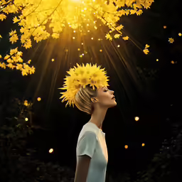 the woman is standing under yellow leaves