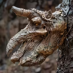 a very strange looking animal statue near a tree