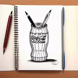 a drawing of a coke cola with two pens,a drawing of a coke can with two pencils