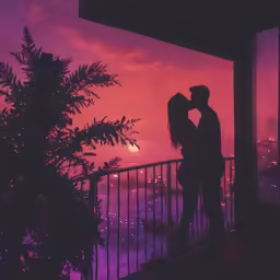 a man and woman kissing in front of a purple and purple sky