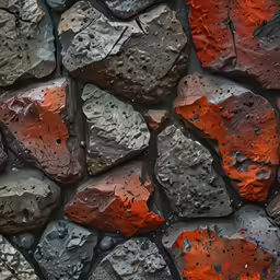 a brick wall is made of several different colored rocks