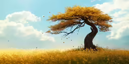 the bird flies by a tree in a field