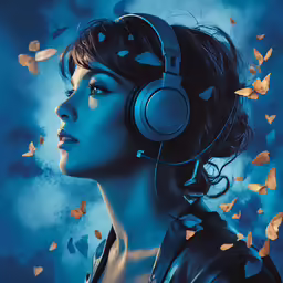a girl with butterfly headphones looks into the distance