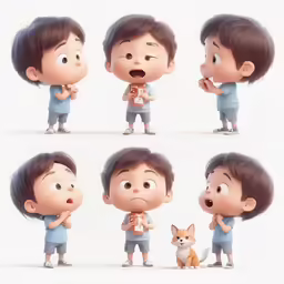 six cartoon boys and a fox, all in different poses