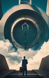 a man with luggage looks at the sky from the stairs