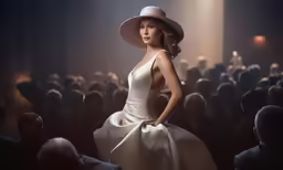 a woman in a white dress and big hat