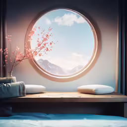 there is a view of mountains through a round window