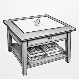 a sketched image of a coffee table with a drawer