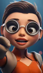 a young person with large round glasses, dressed in an orange dress