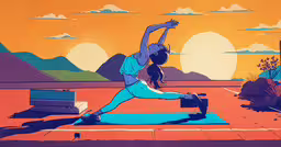 woman stretching and stretching up with mountains in the background,a painting of a woman stretching out in the sun