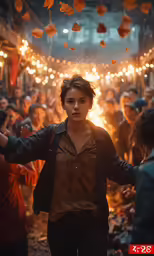 a woman standing in a crowded street next to another woman
