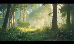 a path leads through a green, misty forest