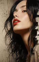 a woman with black hair, with red lips and long black hair