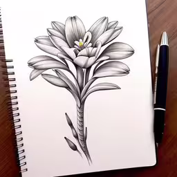 a drawing of a flower is shown on top of a notebook,a pencil drawing of a flower on paper