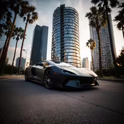 a car parked on the side of a street next to palm trees