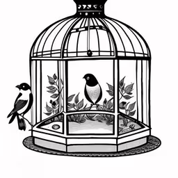 bird in a cage on a white background,two birds are sitting inside of a birdcage,a bird is perched in a cage with plants,a black and white drawing of a bird in a cage,two birds are standing in a small bird cage