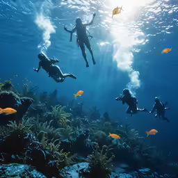 four people swimming underwater while surrounded by coral reefs