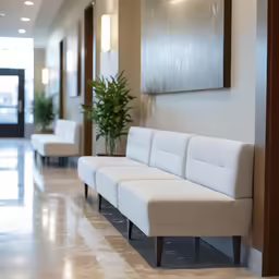 long waiting area with three white seats, large framed art and a potted plant