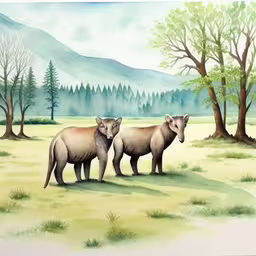three animals stand in the grass with some trees,a painting of elephants standing in a grassy field