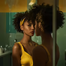 two beautiful women in yellow outfits standing by the mirror