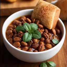 bowl full of beans and bread on wooden table