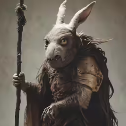 an old man dressed in costumes and holding a staff