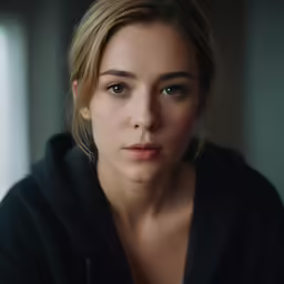 a woman in black shirt sitting in a room