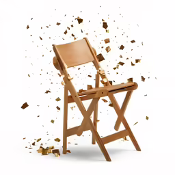 a broken wooden chair is sitting in the floor