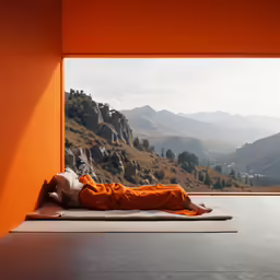 a person is on the ground with a yellow wall