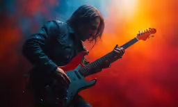 a man playing on a red guitar while looking down