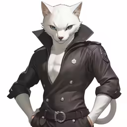 an anime cat dressed in black and wearing a coat