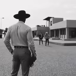 a man with a hat and a suit stands outside