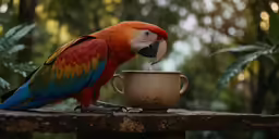 a parrot is drinking water from a bowl