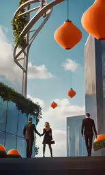 three people holding hands with orange lanterns and skyscrapers in the background