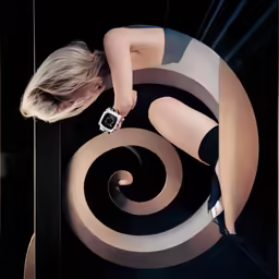 a woman wearing stockings and heels looking down at a watch on top of a spiral design