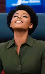 a black woman sitting and smiling wearing a green shirt