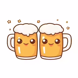 two mugs are filled with light brown beer and have foamy hair on their heads