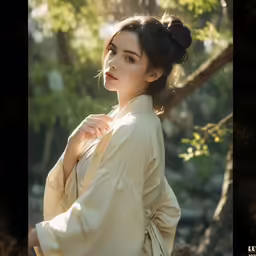 woman in white clothing standing in a wooded area