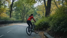 a woman riding a bicycle on a paved road