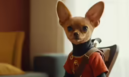 a little chihuahua wearing a jacket sits on a chair