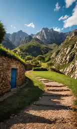 a path leads up towards a mountain valley