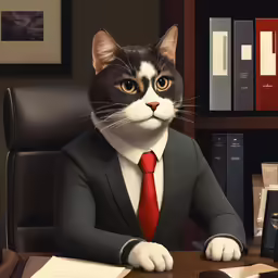 a cat dressed as a man is sitting in front of a desk