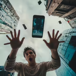 a man with hands out in front of an overhead phone