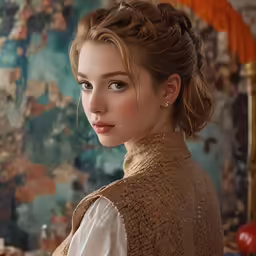 a woman posing for a photo in front of a painting