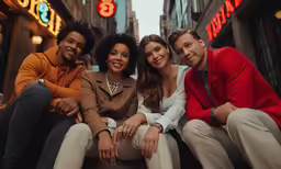 four friends posing for a picture together on the street